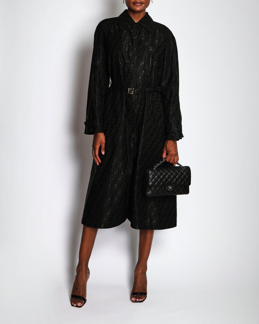 Fendi Black Logo Print Trench Coat with Belt and Silver Logo Buckle Size IT 42 (UK 10) RRP £3,900