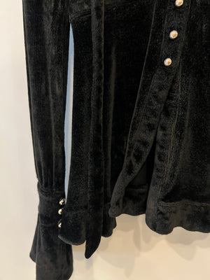Paco Rabanne Black Velvet Long-Sleeve Top with Tie Detail and Silver Buttons Size FR 36 (UK 8)