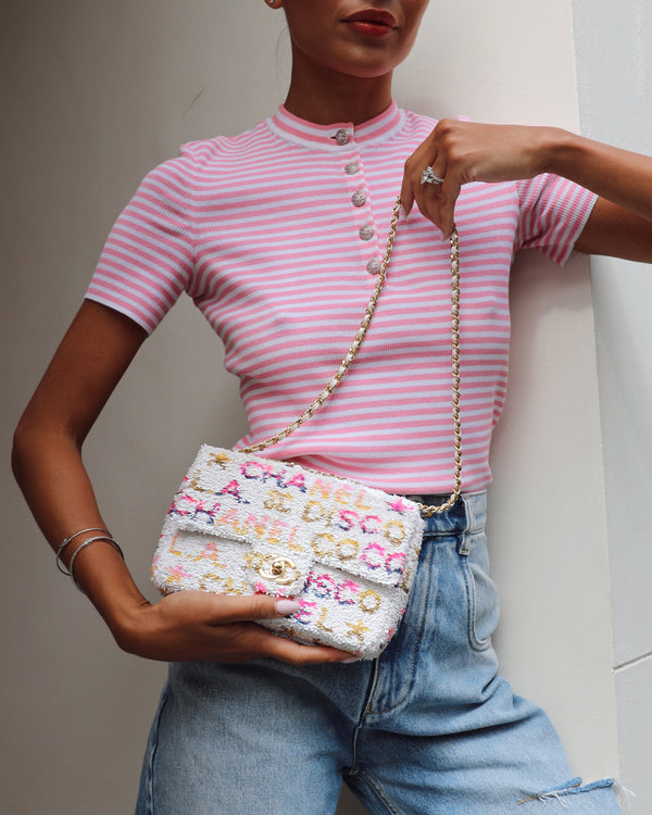 *HOT* Chanel Cruise 2024 White & Multicolour Sequin Small Flap Bag with Gold Hardware