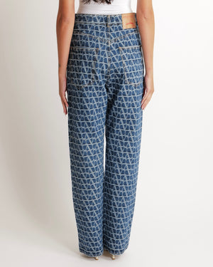 Valentino Blue High-Waisted Wide Leg Jeans with VLogo Print and Gold Button Detail Size 24 (UK 6) RRP £1,240