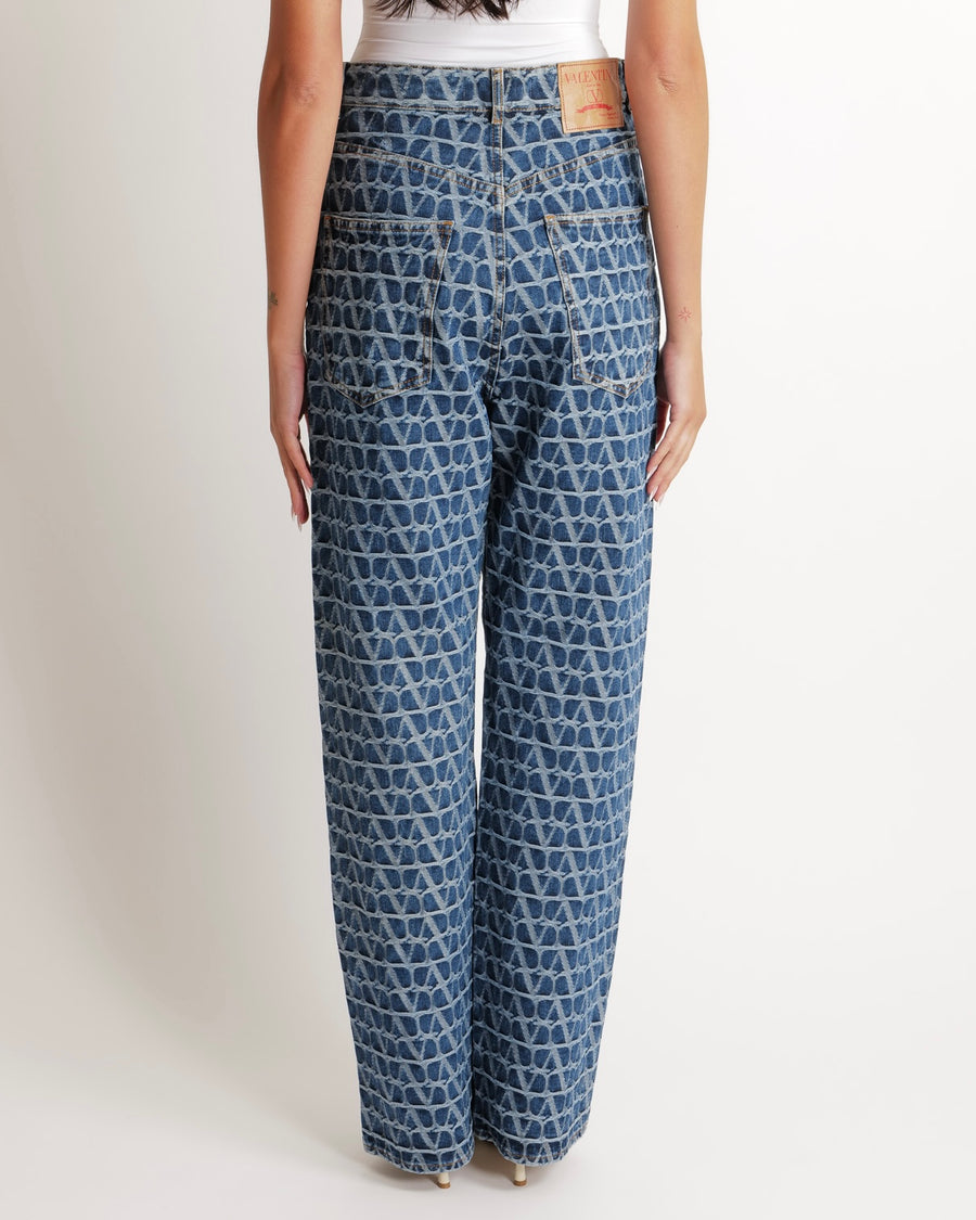 Valentino Blue High-Waisted Wide Leg Jeans with VLogo Print and Gold Button Detail Size 24 (UK 6) RRP £1,240