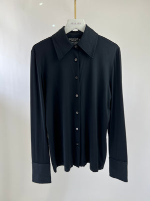 Gucci Navy Long Sleeve Stretch Shirt with Pearl Button Details IT 42 (UK 10)