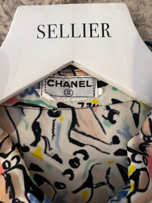 Chanel Spring 1995 White Button Down Shirt with Multicolour Shoe and Logo Print with Black and Gold CC Buttons Detail Size FR 36 (UK 8)