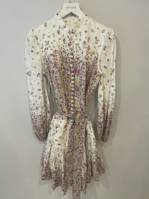 Zimmermann White, Pink Linen Long-Sleeve Mini Floral Dress with Belt Detailing Size 2 (UK 12)