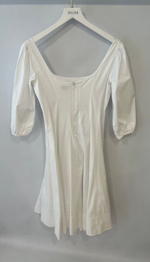 Staud White Midi Dress with Square Neckline Detail and Puff Sleeves Size US 8 (UK 12)