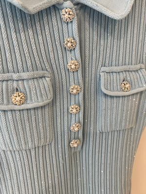 Self Portrait Baby Blue and Sequin Knitted Ribbed Mini Dress with Pearl and Crystal Embellished Buttons Size M (UK 10)