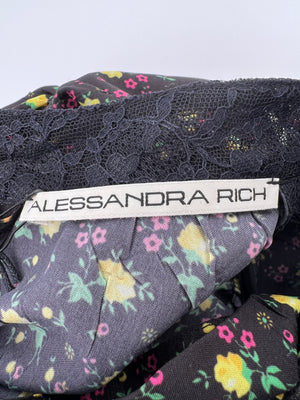 Alessandra Rich Black, Pink and Yellow Rose Print Mini Dress with Lace and Bow Neckline Size IT 40 (UK 8)