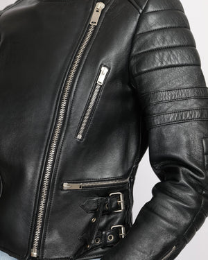 Céline Black Sheepskin Leather Jacket with Silver Zipper and Buckles Details Size FR 40 (UK 12)