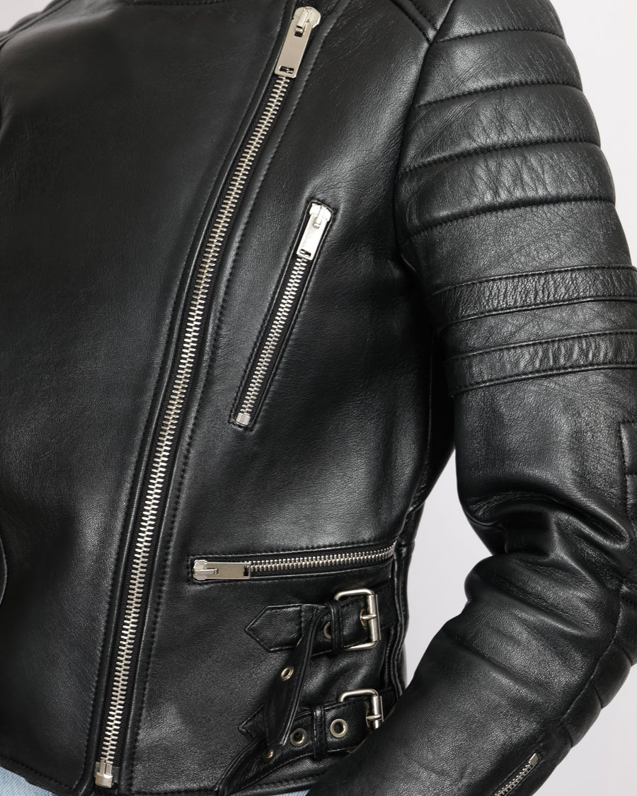 Céline Black Sheepskin Leather Jacket with Silver Zipper and Buckles Details Size FR 40 (UK 12)