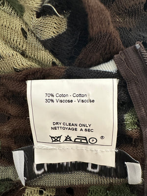 Christian Dior John Galliano Green, Khaki, Black and Brown Camouflage Open Knit Mock Neck Top with Cut Out Detail Size FR 40 (UK 12)