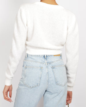 Alessandra Rich White Mohair Cropped Jumper with Crystal Embellishments Size IT 46 (UK 14) RRP £515