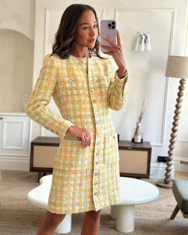 *HOT* Chanel SS96 Vintage Multicolour Pastel Tweed Dress Coat with Silver CC Button Detail FR 36/38 (UK 8/10)