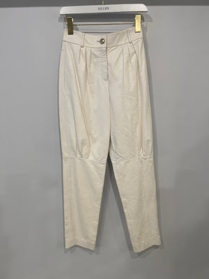 Chanel Resort 2019 La Pausa White Leather Trousers with Gold and Pearl Embellished CC Logo Button Size FR 36 (UK 8)