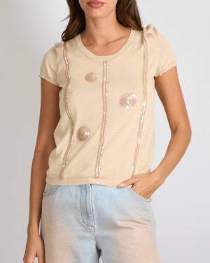 Chanel Spring 2006 Beige and Pink Short-Sleeve Top with Sequin Embellishments Size FR 40 (UK 12)