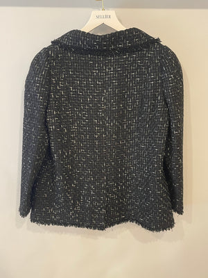 Chanel Paris Versailles Black Tweed All-Over Logo Ribbon Jacket with Silver Embellished Buttons Size FR 42 (UK 14)