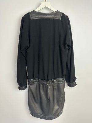 Hermes Black Wool & Lambskin Long Sleeve Dress with Woven Belt Detail Size FR 34 (UK 6)