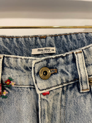 Miu Miu Blue Denim Floral Embroidered Jeans with Back Logo Detail Size 26 (UK 8) RRP £900