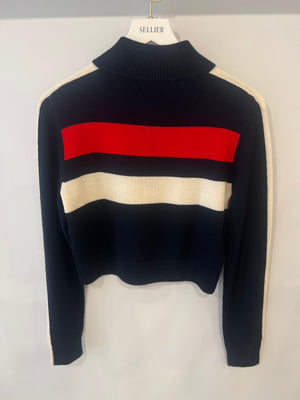 Perfect Moment Navy Wool Quarter-Zip Jumper with Red and White Stripes Size M (UK 10)