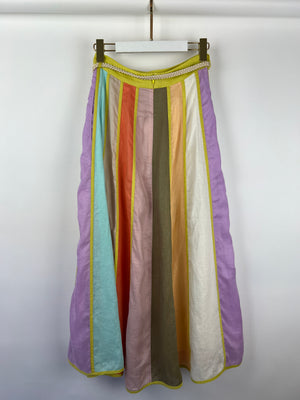 Zimmermann Multi-Colour Stripe Linen Midi Skirt and Top Set with Shell Belt Size 0 (UK 8)
