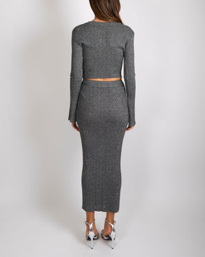 Alessandra Rich Grey and Silver Metallic Crystal Embellished Cropped Cardigan and Midi Skirt Set with Silver Buttons Detail Size IT 40 (UK 8) RRP £1,600