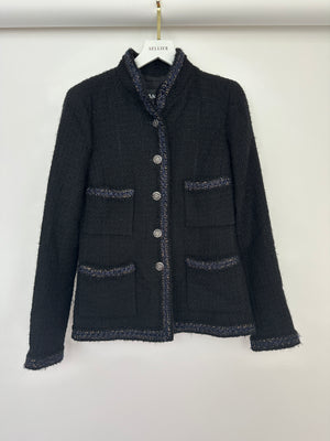 Chanel 10/A Black Collarless Long Sleeve Tweed Jacket with Navy Trim and Silver Button Details Size FR 36 (UK 8)