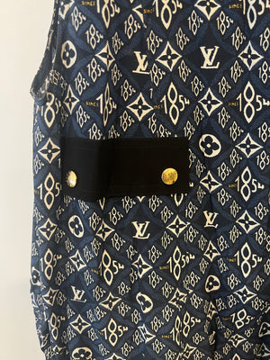 Louis Vuitton Since 1854 Navy Silk Mini Dress with White Monogram and Gold Logo Buttons Size FR 38 (UK 10)