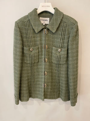 Chanel Pistachio Green Tweed Jacket with CC Silver Split Button Detail Size FR 44 (UK 12)