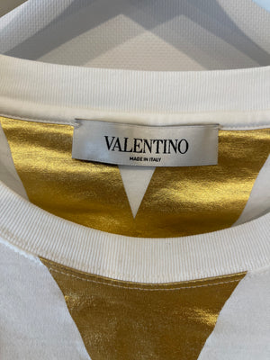 Valentino White and Metallic Gold V Printed T-Shirt Size IT 42 (UK 10)