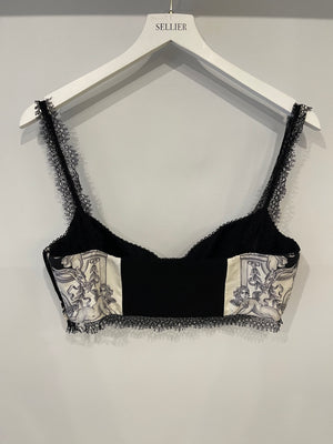 Versace Black and White Baroque Print Bralette with Lace Trim Detail Size IT 46 (UK 14)