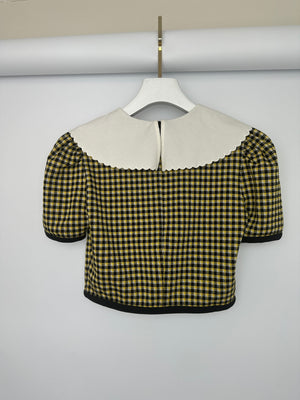 Miu Miu Yellow, Black and Houndstooth Short Sleeve Crop Top with White Scallop Collar Detail Size M (UK 10)
