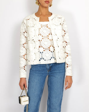 Elie Saab White Crochet Cardigan and Top Set Size FR 36 (UK 8)