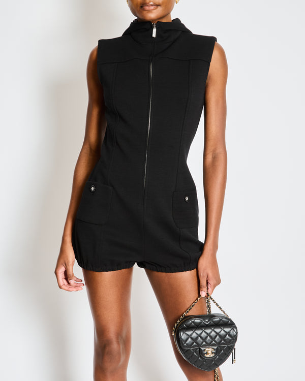 Chanel Black Hooded Sleeveless Playsuit with Floral Buttons Size FR 38 (UK 10)