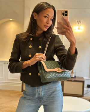 Chanel Khaki and Pink Single Flap Bag in Lambskin Leather with Gold Hardware