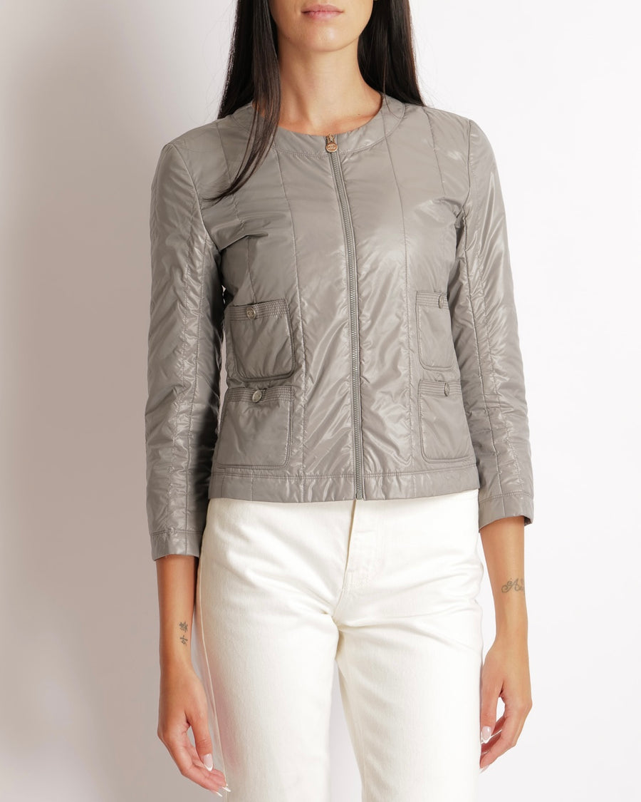 Chanel Grey Windbreaker Jacket with Silver CC Logo Buttons and Pocket Details Size FR 36 (UK 8)