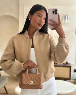 *HOT COLOUR* Chanel 21P Mini Coco Top Handle Bag in Caramel Caviar Leather with Champagne Gold Hardware & Lizard Embossed Calfskin Detail