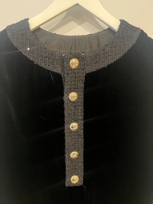 Chanel Black Velours Mini Dress with Black Tweed and Sequins Neckline Detail with Gold CC Logo Buttons Size FR 34 (UK 6)