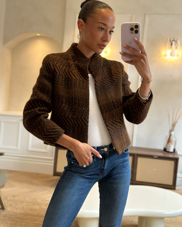 Chanel Brown Wool Jacket with Interior Silk Logo Prints Size FR 34 (UK 6)