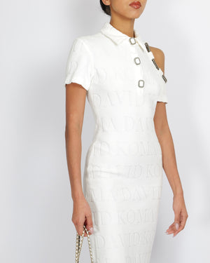 David Koma White Logo Midi Dress with Mismatched Sleeves with Crystal Embellishments and Silver Chain Buttons Size UK 8 RRP £1,020