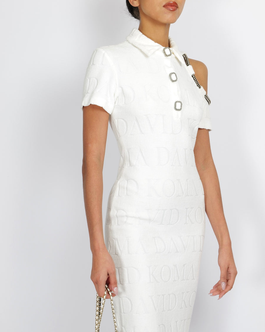 David Koma White Logo Midi Dress with Mismatched Sleeves with Crystal Embellishments and Silver Chain Buttons Size UK 8 RRP £1,020