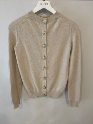 Chanel Beige Cashmere Cardigan with Gold and White Keyhole CC Buttons Size FR 36 (UK 8)