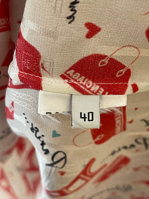 Balenciaga White and Red Printed Silk Short Sleeve Shirt with Tie-Neck Detail Size FR 40 (UK 12)