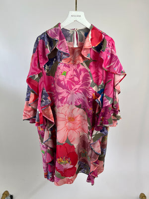 Valentino Pink Flower Silk Midi Dress with Ruffle Detail Size IT 42 (UK 10)