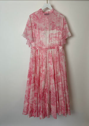 Christian Dior Light Pink, White Toile de Jouy Sauvage Cotton Printed Midi Dress Size FR 38 (UK 10)