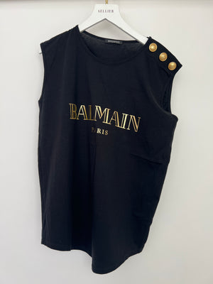 Balmain Black Cotton T-shirt with Gold Logo & Buttons Detail Size FR 38 (UK 10)