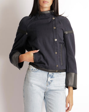 Hermès Navy Jacket with Black Leather Inserts and Logo Buttons Size FR 34 (UK 6) RRP £6,500