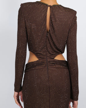 Self Portrait Brown Crystal Embellished Cut-Out Maxi Dress with Side Slit Size UK 12