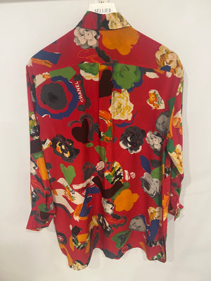 Chanel Vintage 92P Red Mini Shirt Dress with Multi-Colour Camelia and Logo Prints with Black and Gold CC Logo Buttons Details Size FR 38/40 (UK 10/12)