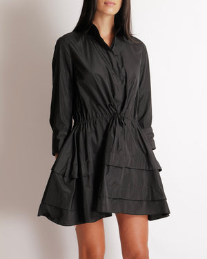 Alaia Black Long-Sleeved Mini Shirt Dress with Back Cut-Out Details and Tiered Skirt with Gathered Waistband Size FR 36 (UK 8) RRP £1,950