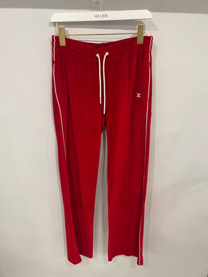 Celine Red Velours Tracksuit Trousers with White Details and Elasticated Waist with Embroidered Logo Detail Size M (UK 10)