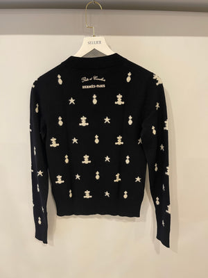 Hermès Black Cashmere Poste et Cavalerie Jumper with White Embroidery and Print Size FR 34 (UK 6)